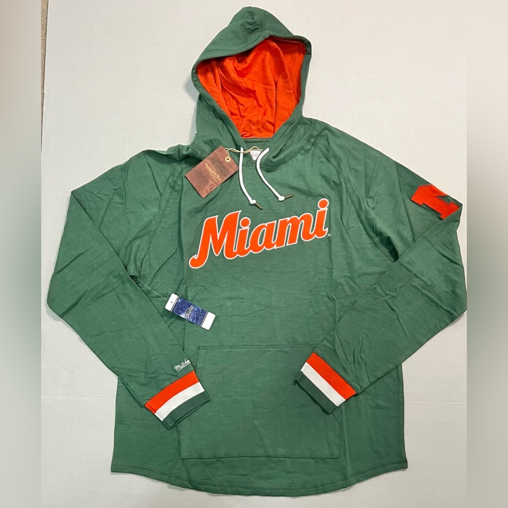 Miami Hurricanes Mitchell & Ness Long Sleeve Shirt w/Hood Sizes L, XL & 2XL